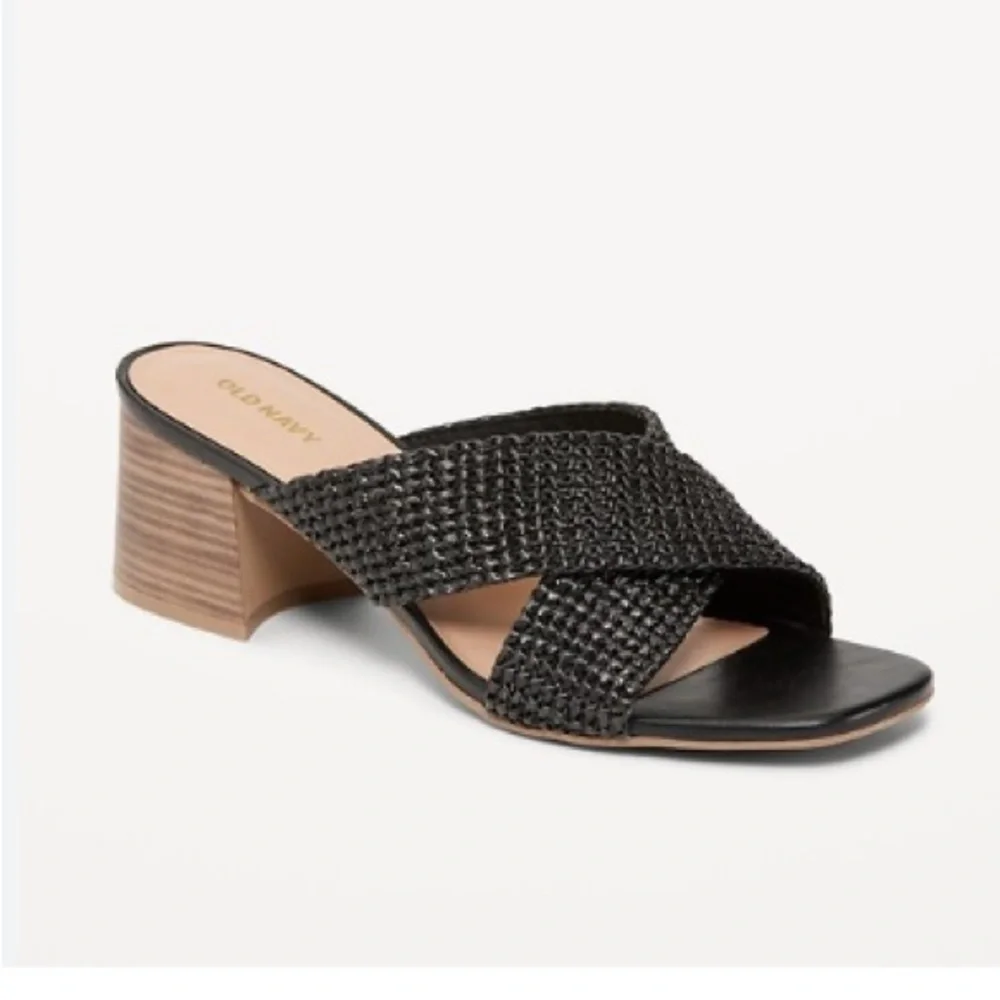 Old Navy Square-Toe Braided Straw Cross-Strap Mule Sandals Black Sz8